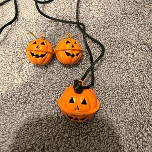 Vintage Halloween Pumpkin Necklace and Earrings Bell Set